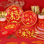 durony 170Pcs Chinese New Year Tableware Set – Red & Gold Design for 24 Guests | Plates, Cups, Napkins, Tablecloths