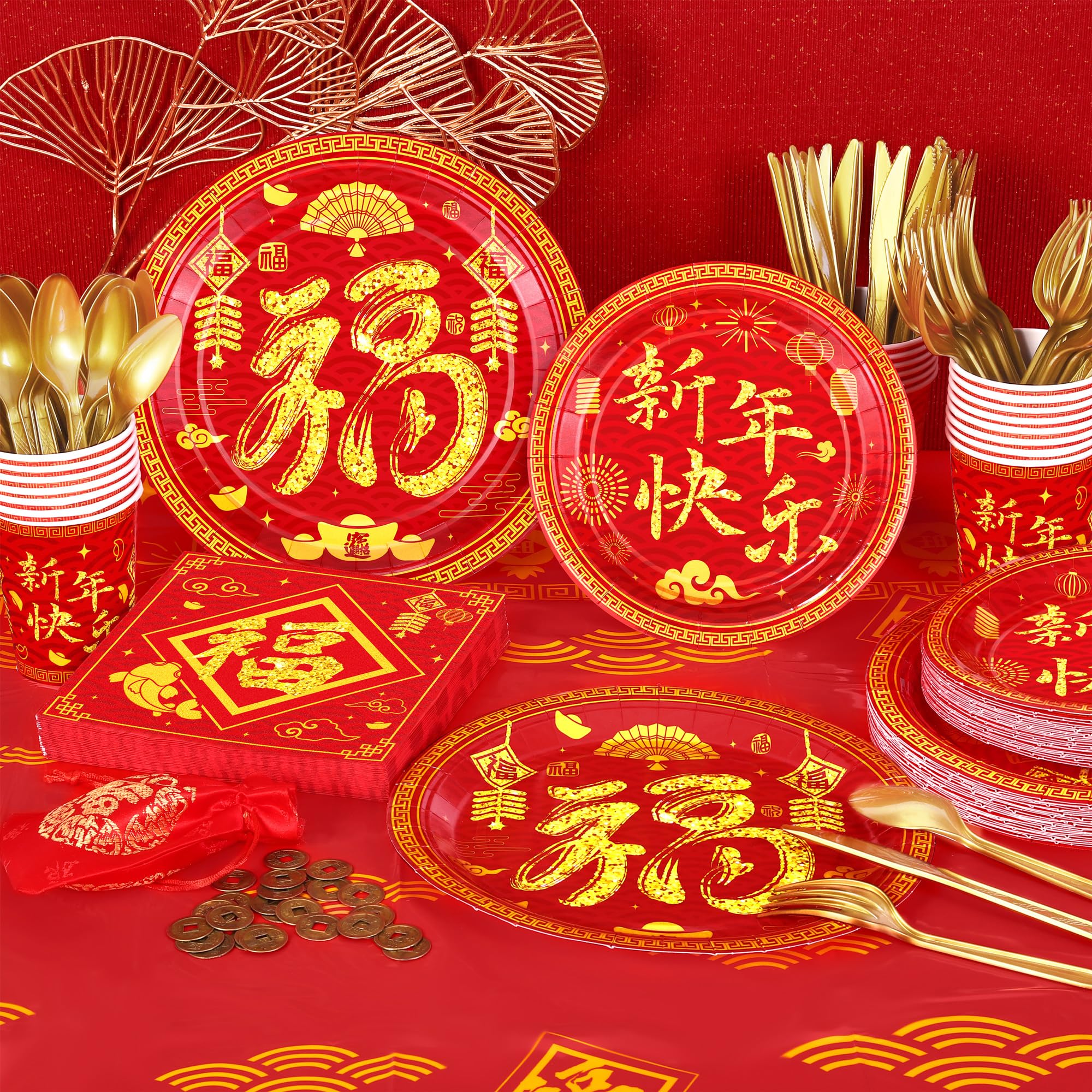 durony 170Pcs Chinese New Year Tableware Set – Red & Gold Design for 24 Guests | Plates, Cups, Napkins, Tablecloths
