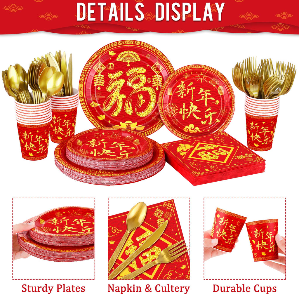 durony 170Pcs Chinese New Year Tableware Set – Red & Gold Design for 24 Guests | Plates, Cups, Napkins, Tablecloths