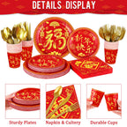 durony 170Pcs Chinese New Year Tableware Set – Red & Gold Design for 24 Guests | Plates, Cups, Napkins, Tablecloths