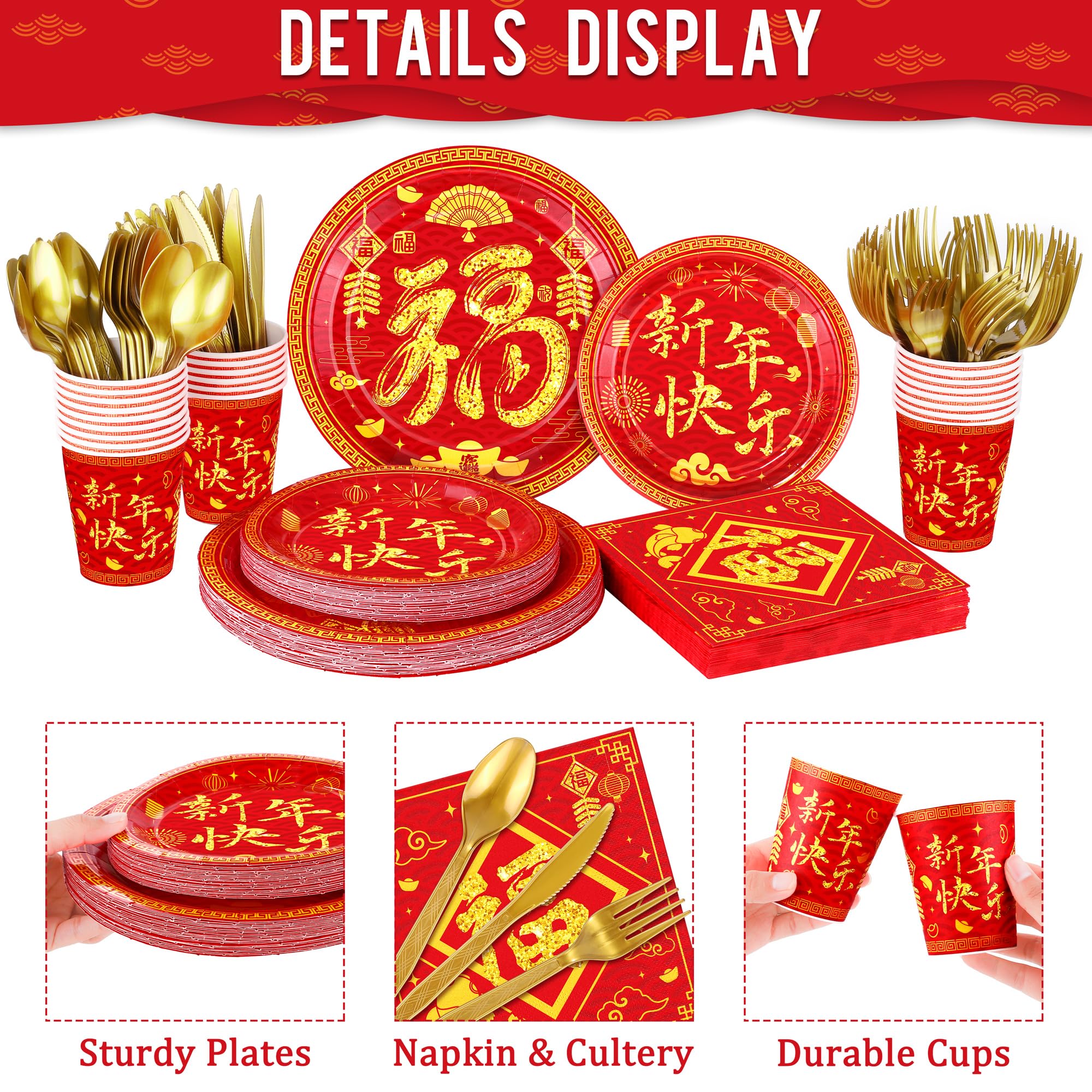 durony 170Pcs Chinese New Year Tableware Set – Red & Gold Design for 24 Guests | Plates, Cups, Napkins, Tablecloths