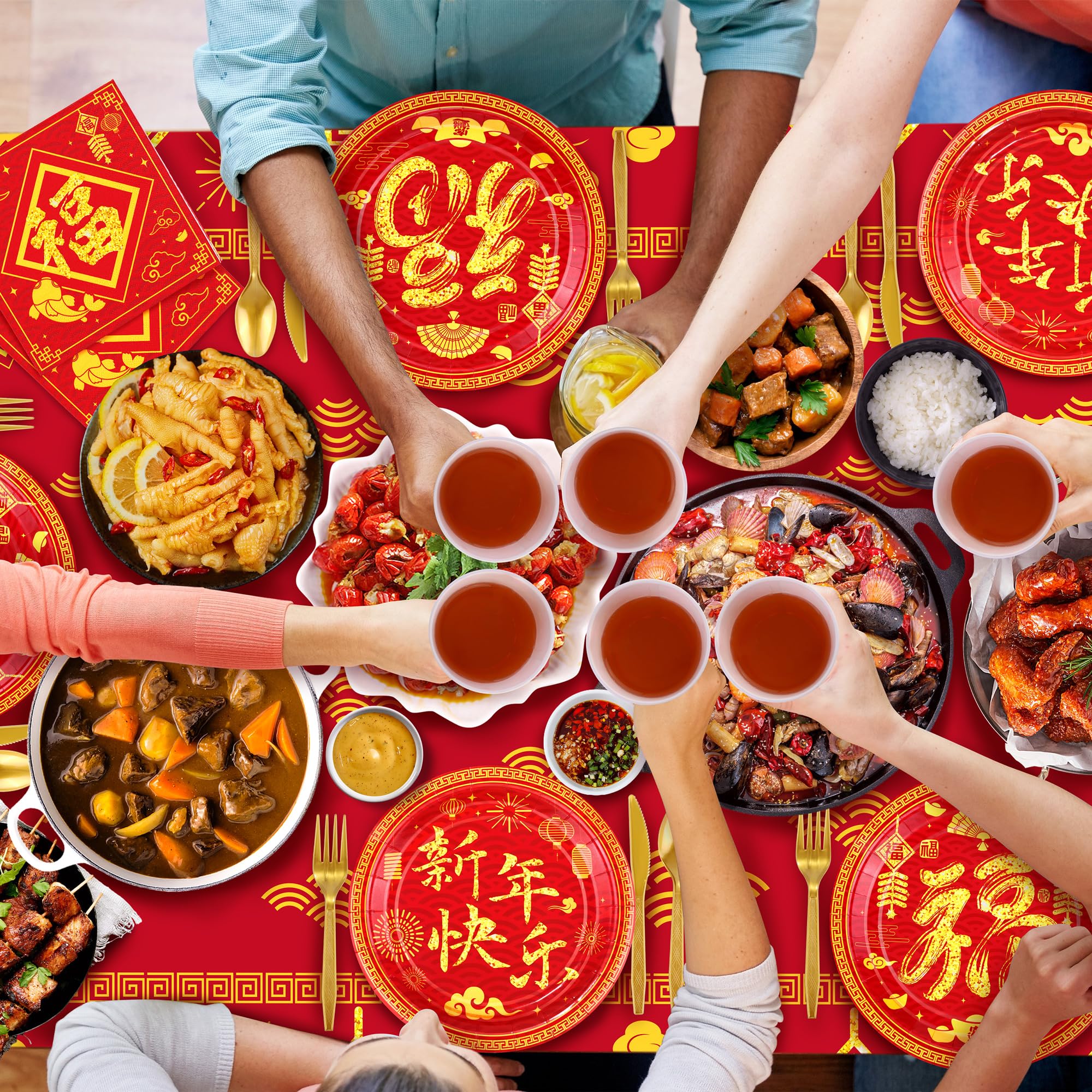 durony 170Pcs Chinese New Year Tableware Set – Red & Gold Design for 24 Guests | Plates, Cups, Napkins, Tablecloths