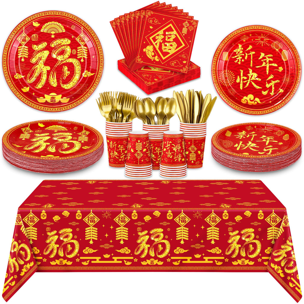 durony 170Pcs Chinese New Year Tableware Set – Red & Gold Design for 24 Guests | Plates, Cups, Napkins, Tablecloths