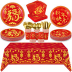durony 170Pcs Chinese New Year Tableware Set – Red & Gold Design for 24 Guests | Plates, Cups, Napkins, Tablecloths
