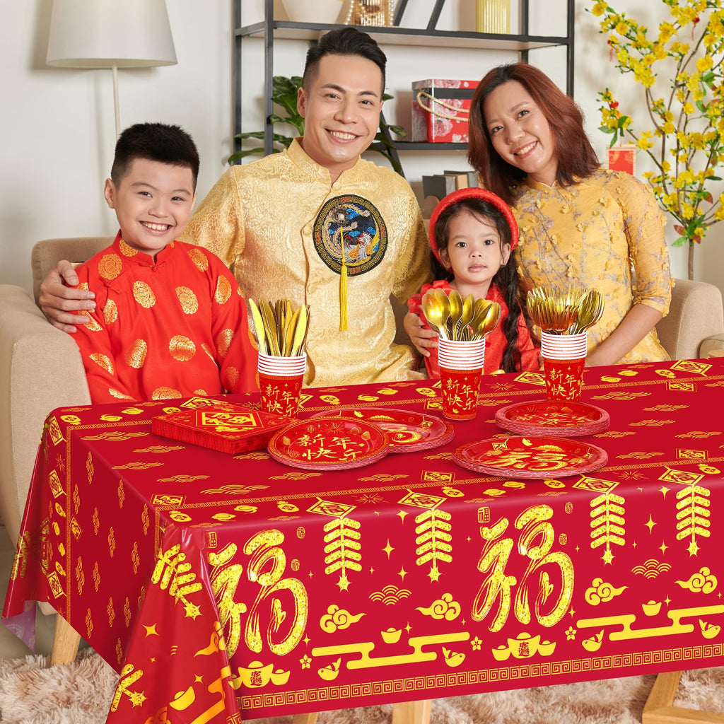 durony 170Pcs Chinese New Year Tableware Set – Red & Gold Design for 24 Guests | Plates, Cups, Napkins, Tablecloths