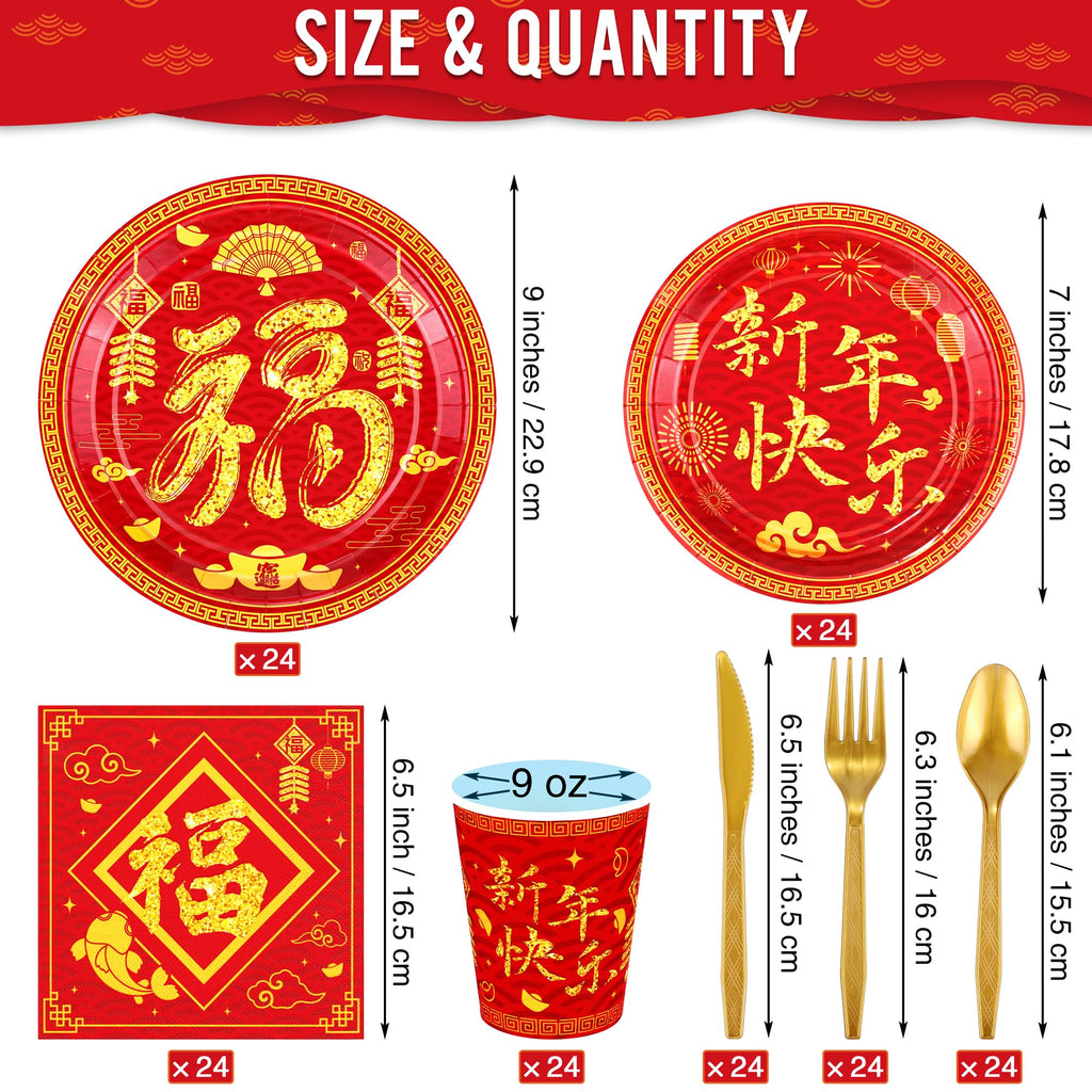 durony 170Pcs Chinese New Year Tableware Set – Red & Gold Design for 24 Guests | Plates, Cups, Napkins, Tablecloths