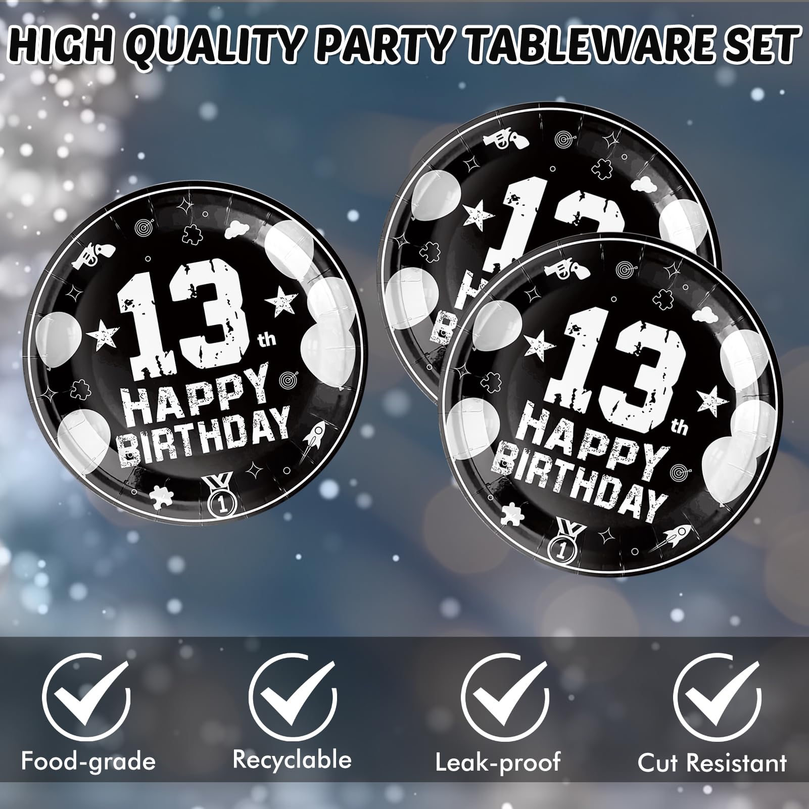 DURYGEN 13th Birthday Party Supplies – Black & Silver Disposable Plates & Napkins for Teens