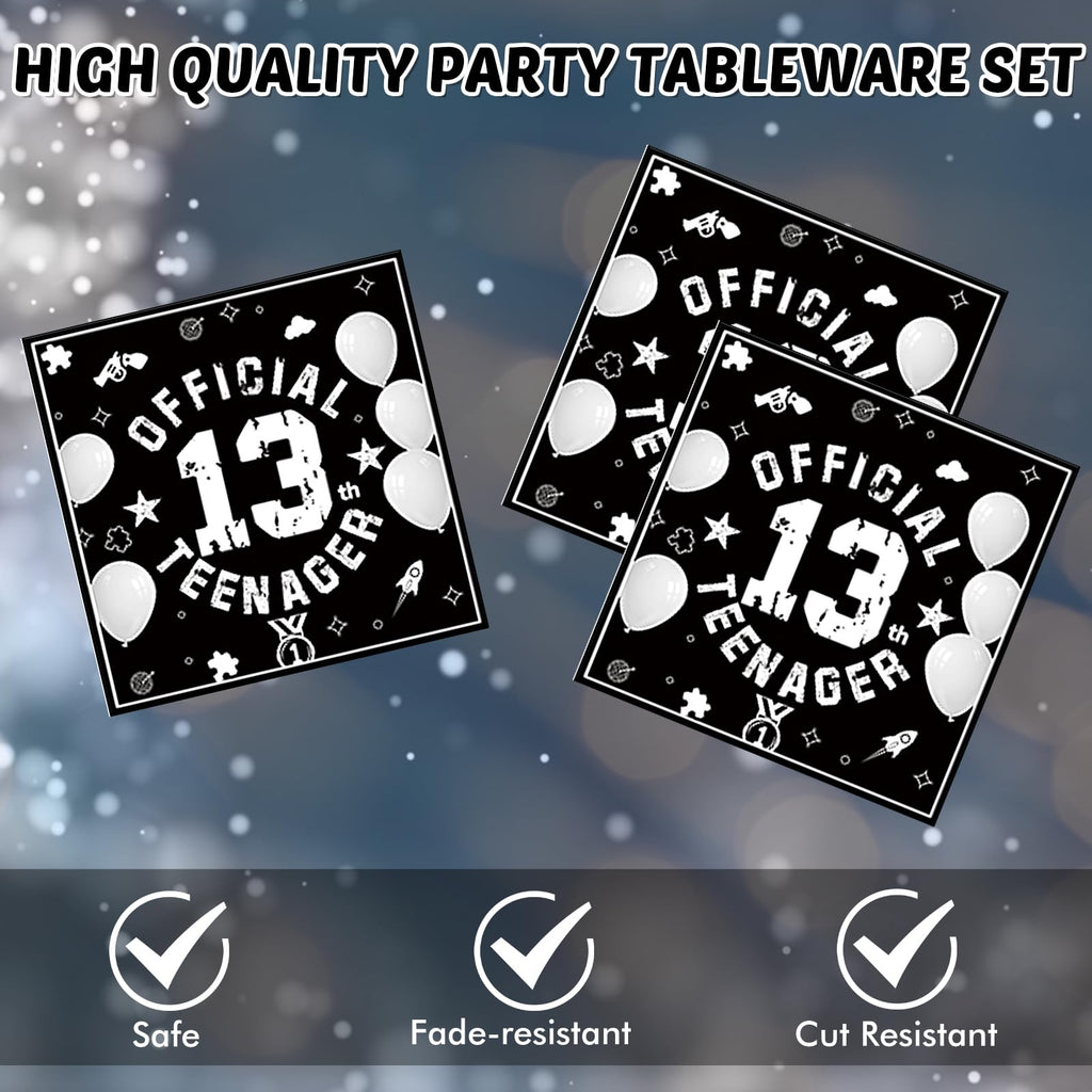 DURYGEN 13th Birthday Party Supplies – Black & Silver Disposable Plates & Napkins for Teens