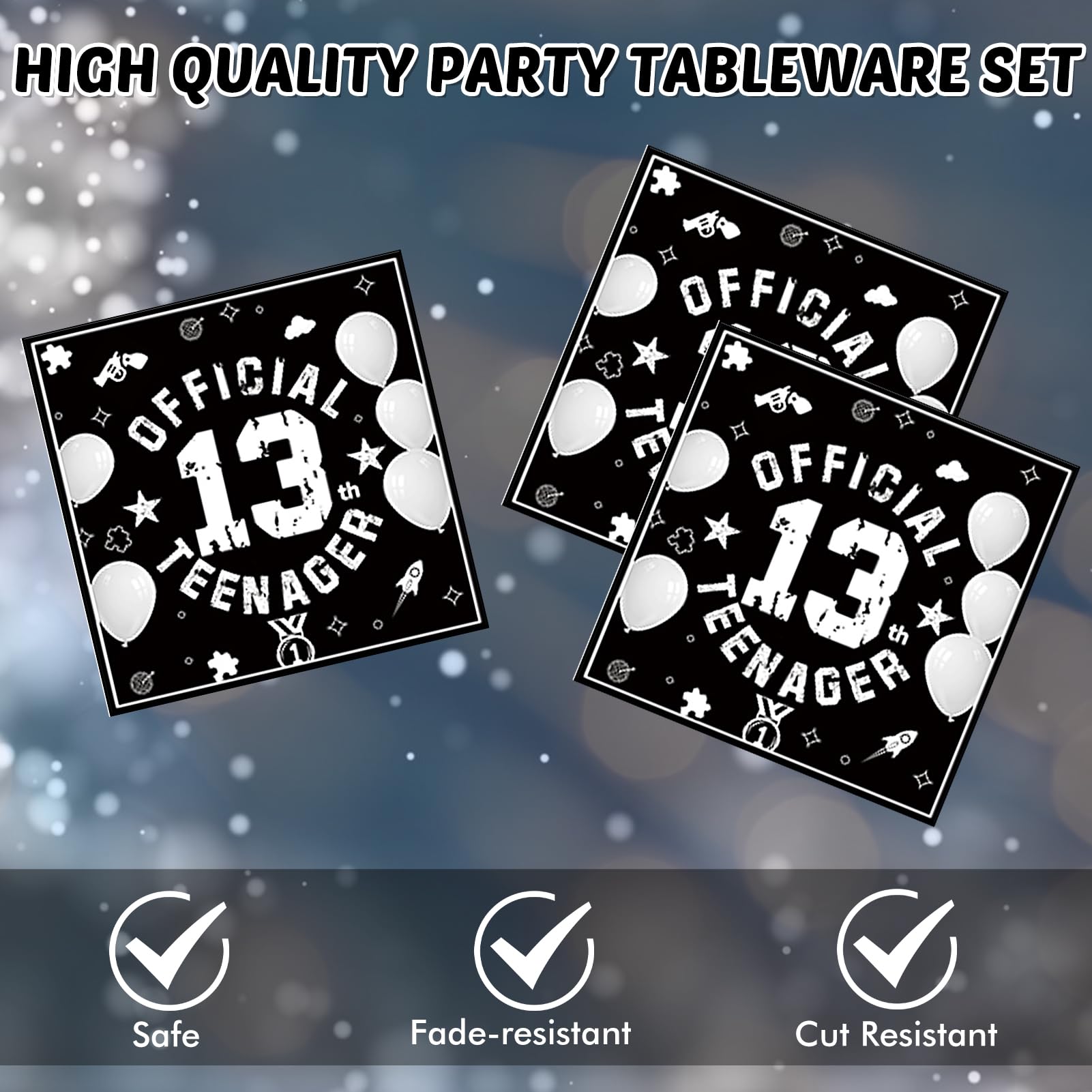 DURYGEN 13th Birthday Party Supplies – Black & Silver Disposable Plates & Napkins for Teens