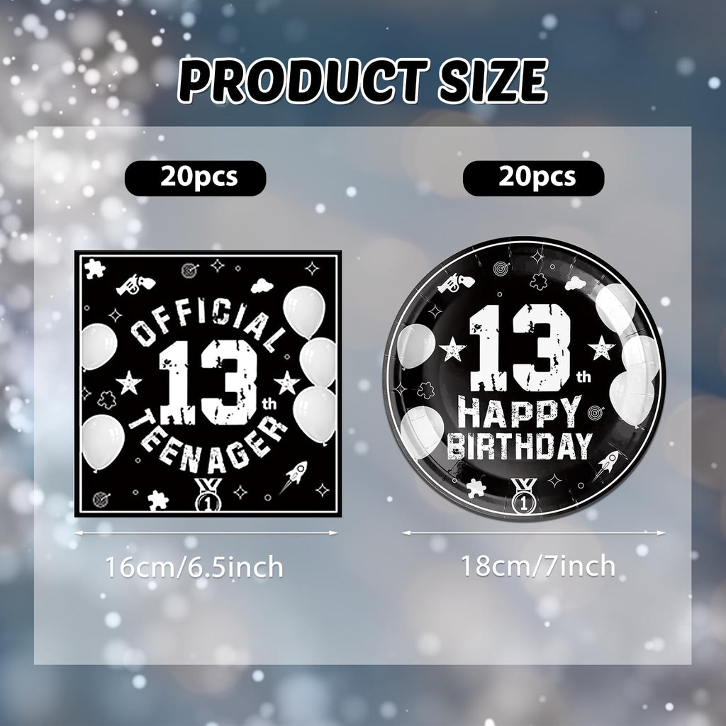 DURYGEN 13th Birthday Party Supplies – Black & Silver Disposable Plates & Napkins for Teens