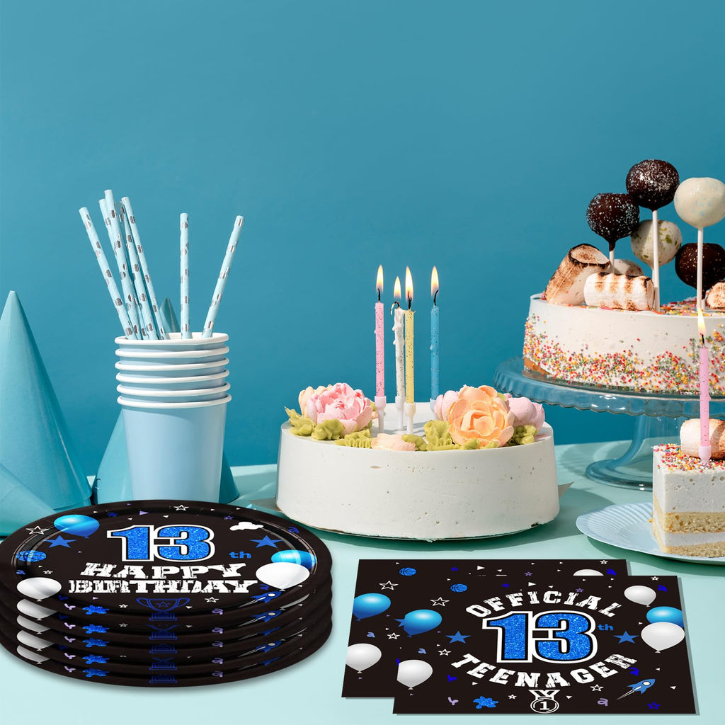 DURYGEN 40PCS 13th Birthday Plates & Napkins Set – Black & Blue Disposable Teen Tableware (Serves 20)