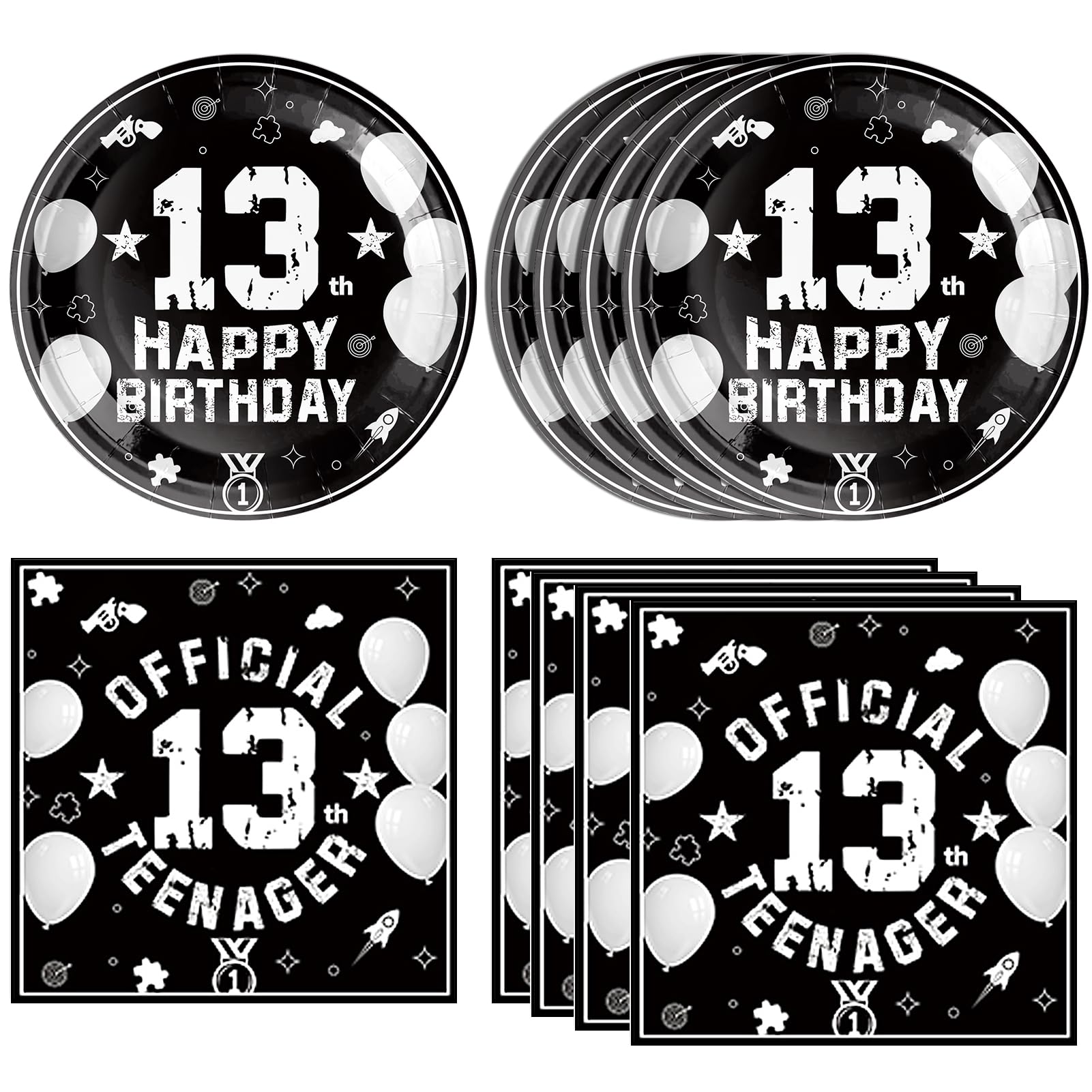 DURYGEN 13th Birthday Party Supplies – Black & Silver Disposable Plates & Napkins for Teens