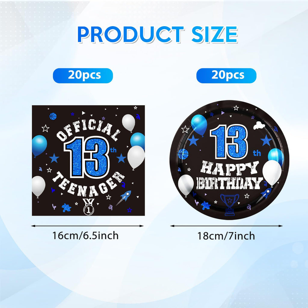 DURYGEN 40PCS 13th Birthday Plates & Napkins Set – Black & Blue Disposable Teen Tableware (Serves 20)
