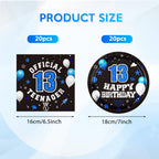 DURYGEN 40PCS 13th Birthday Plates & Napkins Set – Black & Blue Disposable Teen Tableware (Serves 20)