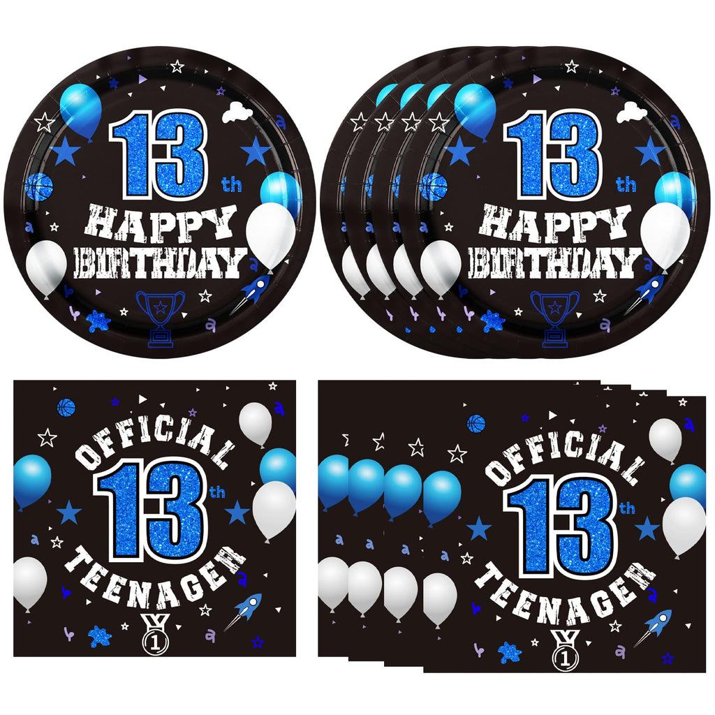 DURYGEN 40PCS 13th Birthday Plates & Napkins Set – Black & Blue Disposable Teen Tableware (Serves 20)