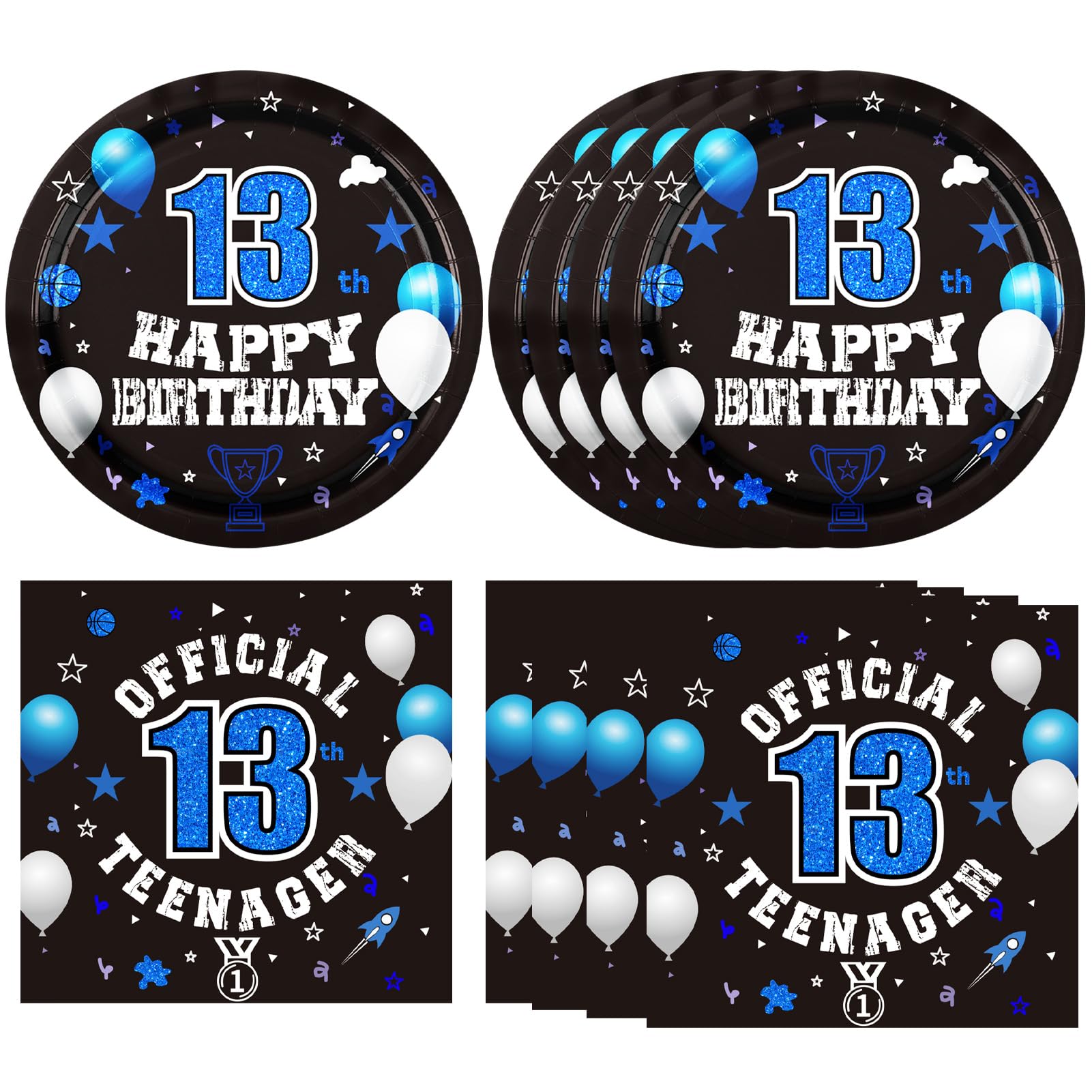 DURYGEN 40PCS 13th Birthday Plates & Napkins Set – Black & Blue Disposable Teen Tableware (Serves 20)