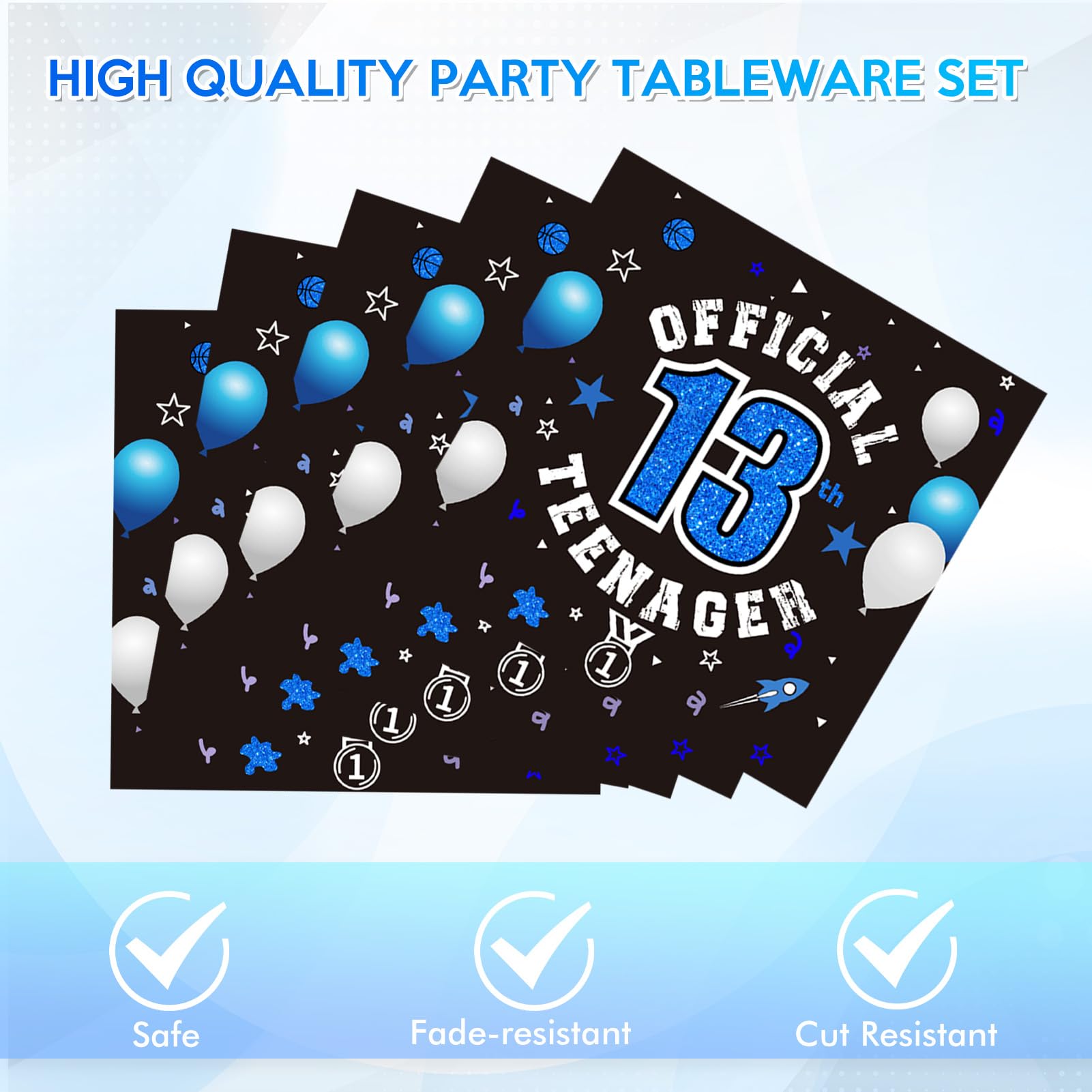 DURYGEN 40PCS 13th Birthday Plates & Napkins Set – Black & Blue Disposable Teen Tableware (Serves 20)