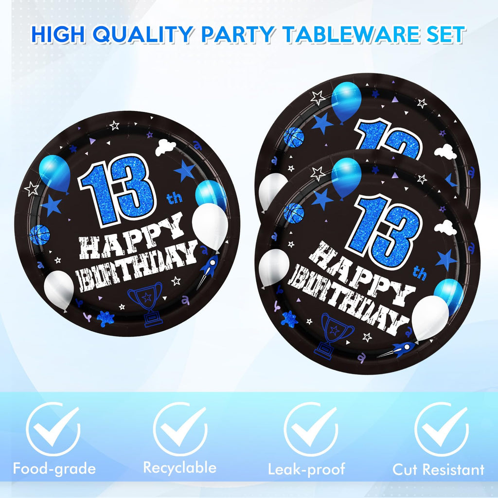 DURYGEN 40PCS 13th Birthday Plates & Napkins Set – Black & Blue Disposable Teen Tableware (Serves 20)