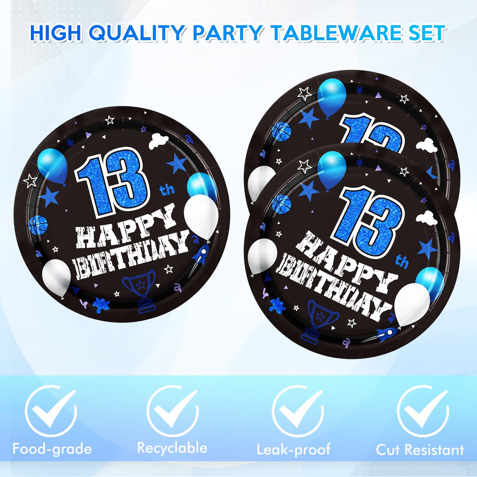 DURYGEN 40PCS 13th Birthday Plates & Napkins Set – Black & Blue Disposable Teen Tableware (Serves 20)