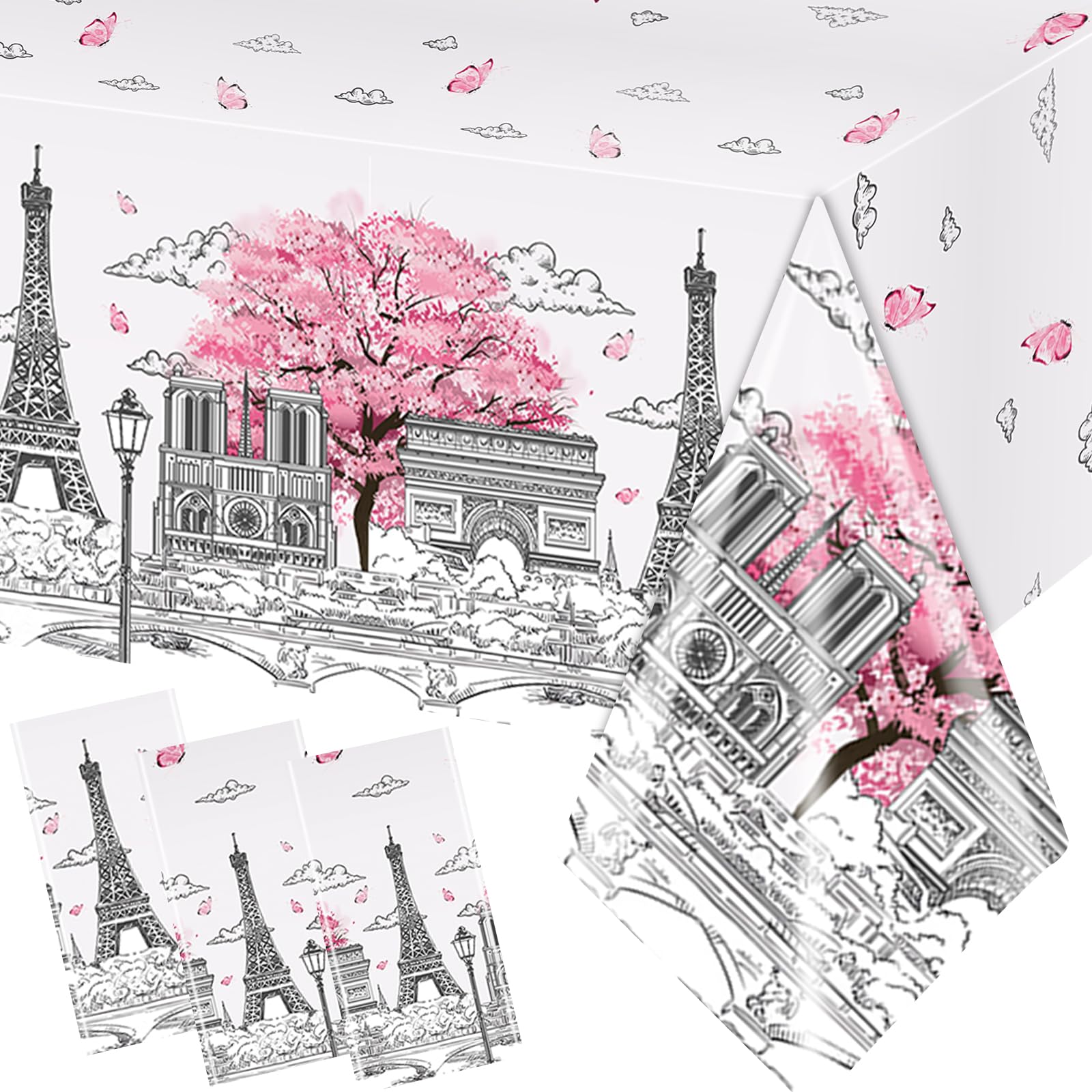 Dydamud Paris Party Decorations - 3Pcs Paris Themed Plastic Tablecloths (70.8 x 42.5 in)
