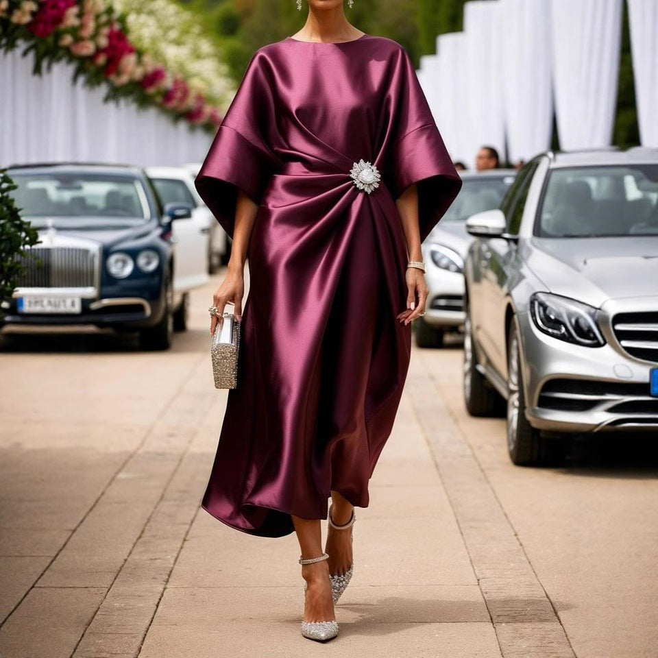 Elegant Commuter Design Sense Satin Long Dress For Women With Pearl Flower Decoration High Waist Irregular Skirt