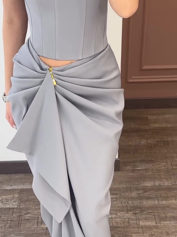 Strapless Top & Pleated Long Skirt Suit