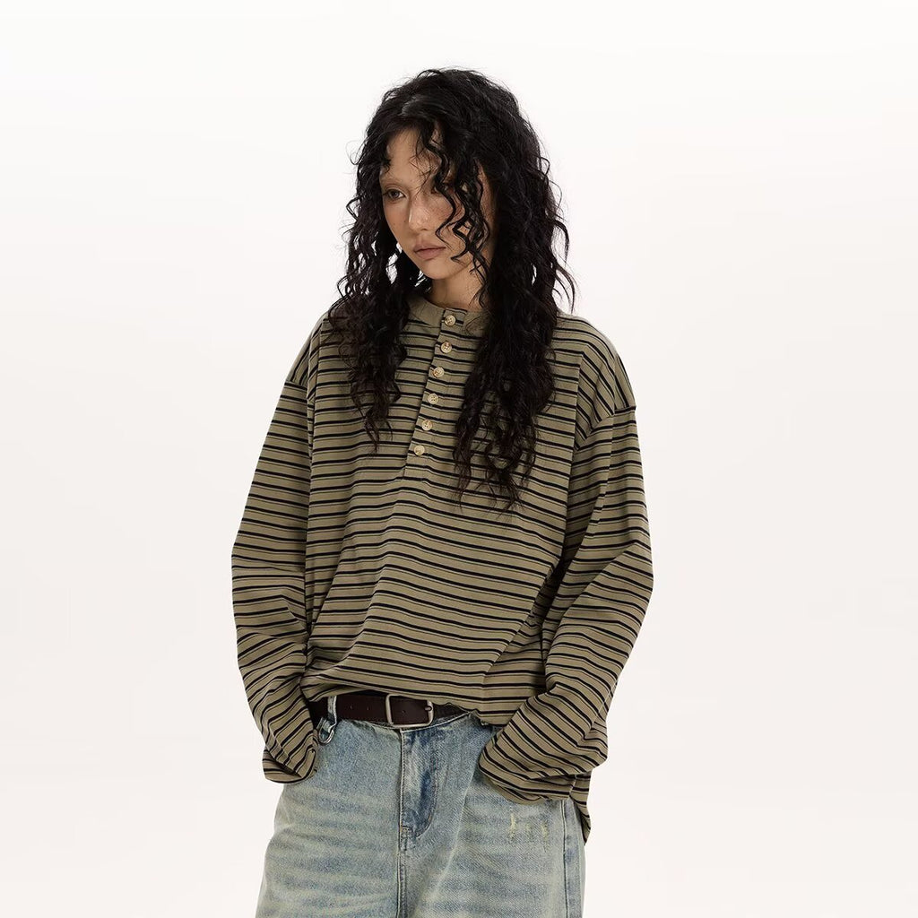Women's Cotton Simple Loose Casual Striped Long-Sleeve Top