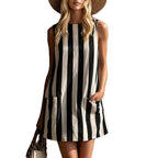 Women's Retro Striped Sleeveless Crew-Neck Cotton-Linen Mini Dress