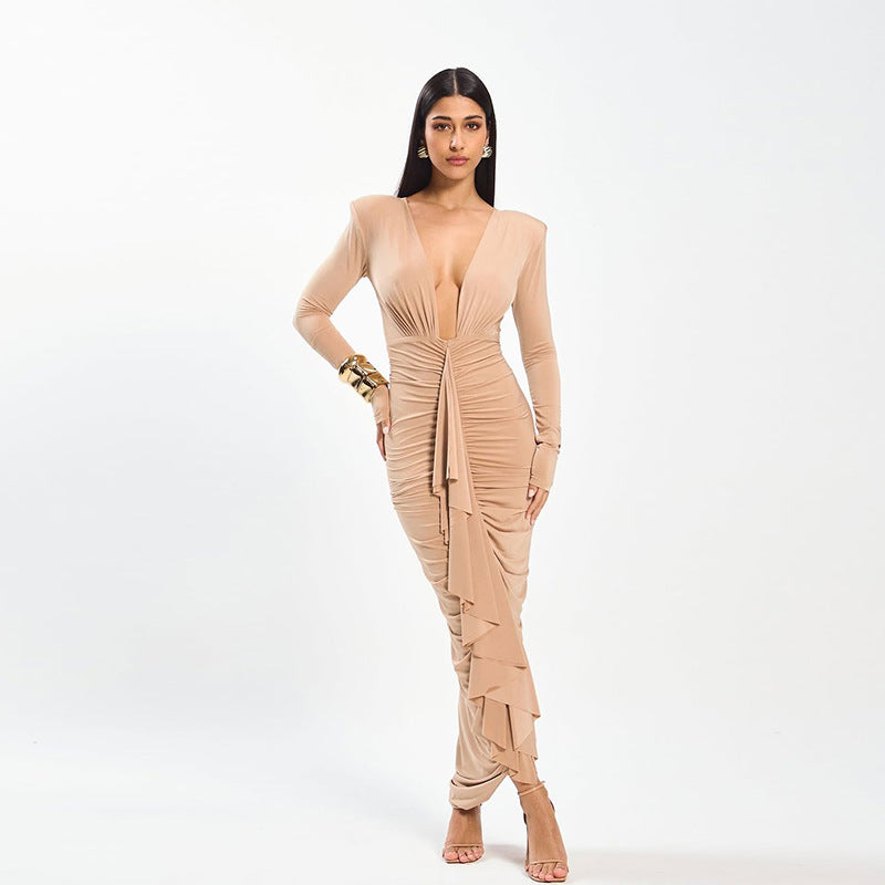 New Sexy Deep-V Pleated Design Elegant Figure-hugging Sheath Dress