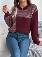 Women Casual Color Block Plaid Long Sleeve Pullover Sweater