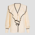 New Women's V-neck Retro Loose-fit Contrast-color Pleated Blouse