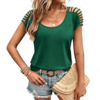 European And American-style Short-sleeve Knitted Top With Openwork
