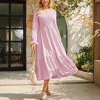 Women's Solid-Color Pleated V-Neck Flowy Casual Dress
