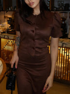 Brown Commuter Puff Sleeve Suede Top Fishtail Skirt Set