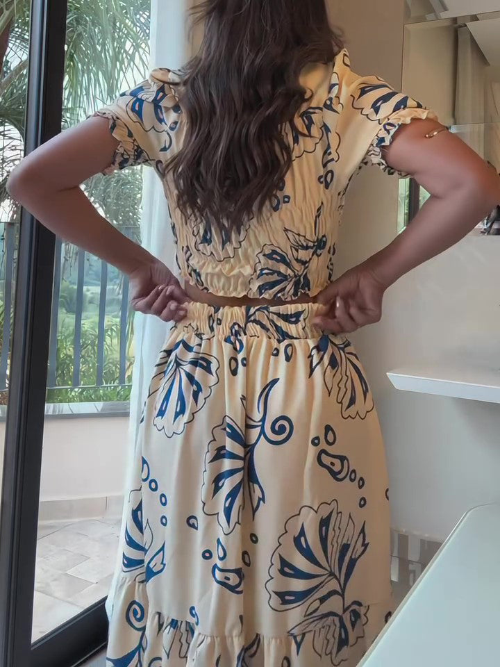 Holiday Print Short Sleeve Top & Elastic Waist Skirt Set