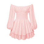Fashion Solid Color Off-neck Pleated Ruffled Stitching Long Sleeve Casual Jumpsuit
