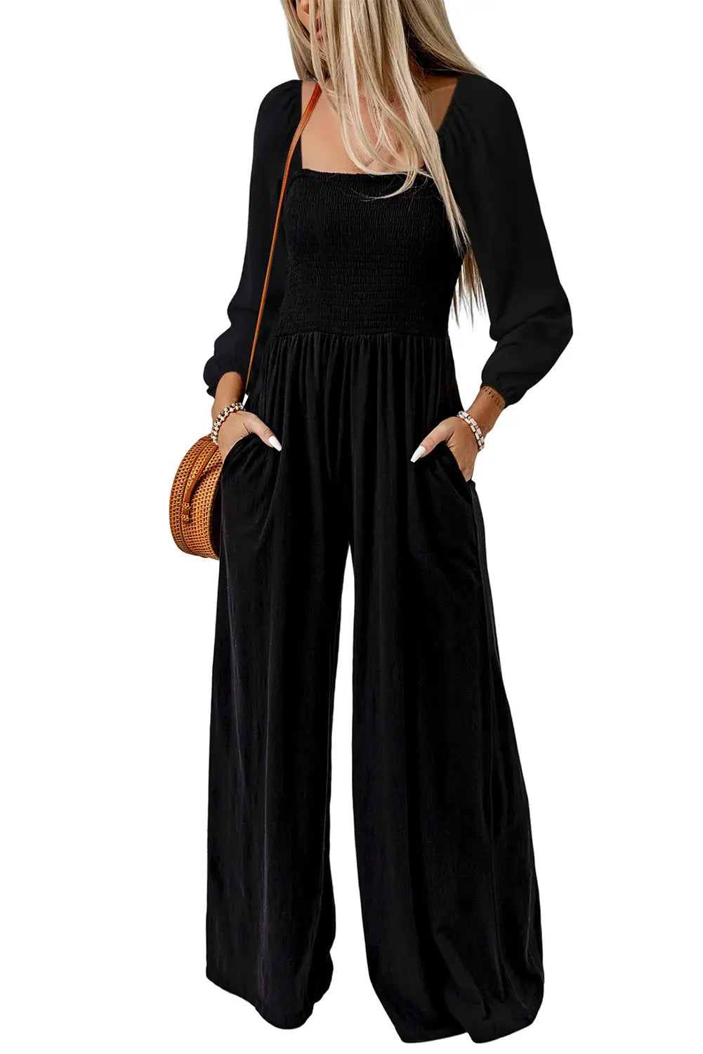 Smocked Square Neck Wide Leg Jumpsuit Women UK