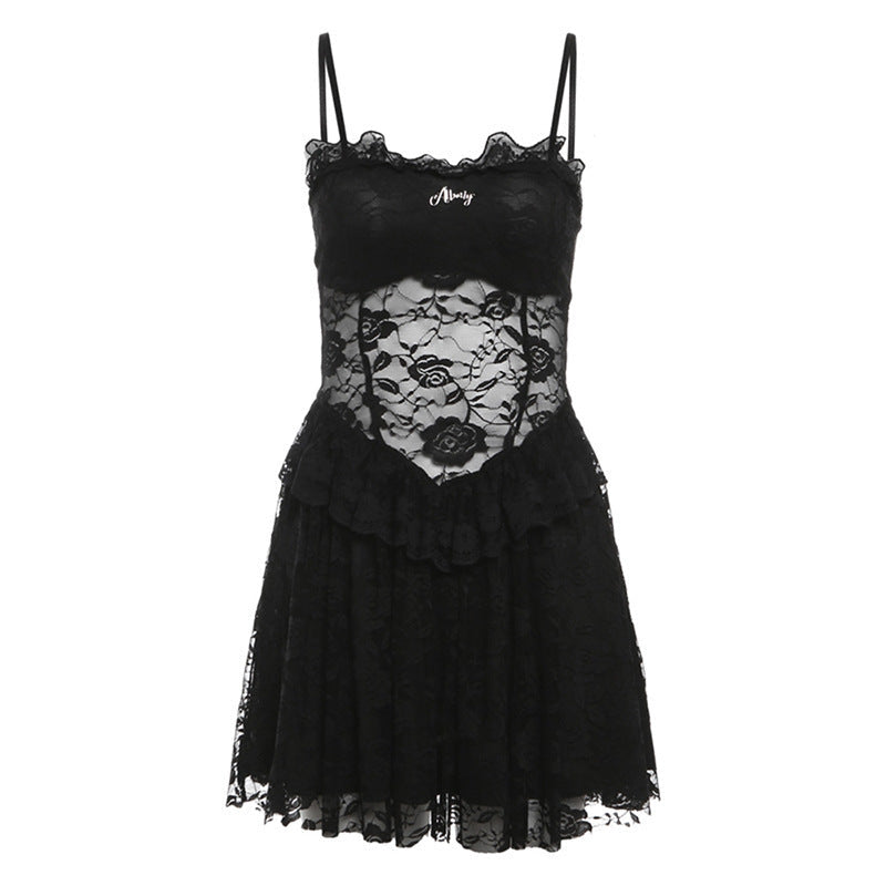 Spring New Women's Solid-Color Sexy Lace-Patchwork Slip Dress