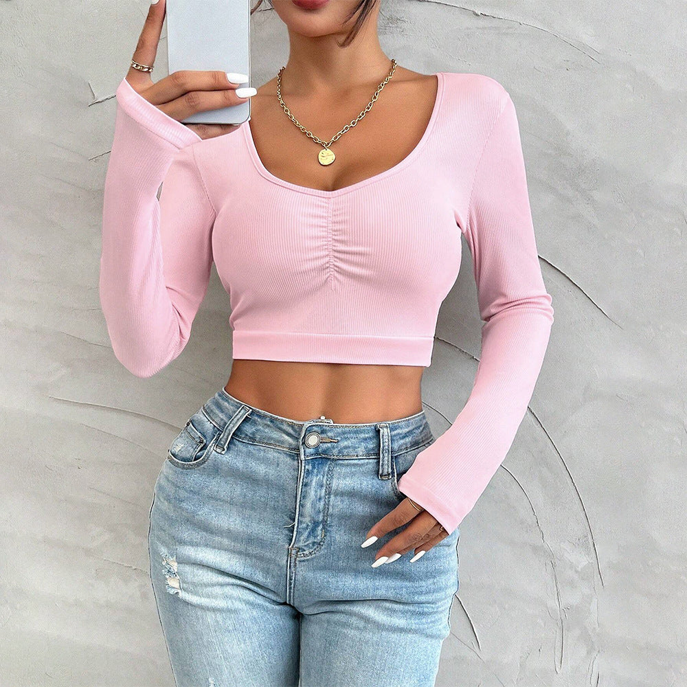Best-selling Sweet And Spicy Pure Desire Style T-shirt Autumn And Winter U-neck Slim-fit Long-sleeved Top
