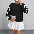 Hemp Bundle Pocket Round Neck Bow Red Christmas Sweater Girl