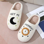 Cosy Moon & Clock Print Slippers - Plush Memory Foam House Shoes for Women | Anti-Slip Winter Warmth