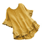 Arrival Solid-color Cotton-linen Loose-fit Round-neck Blouse With Ruffled Hem