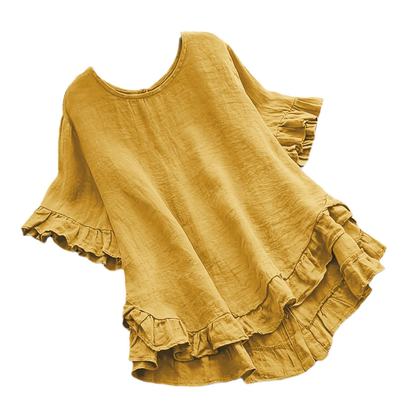 Arrival Solid-color Cotton-linen Loose-fit Round-neck Blouse With Ruffled Hem