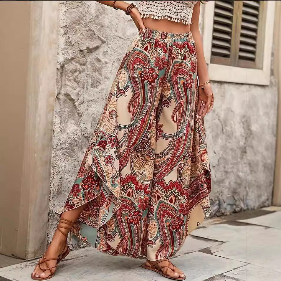 Vintage-style Artistic Collage Polyester Skirt-trousers Casual Pants Wide-leg Pants