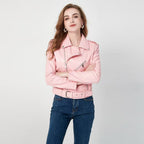 Women's Fashion Diagonal Zipper Slim Fit Washed Motorcycle Jacket