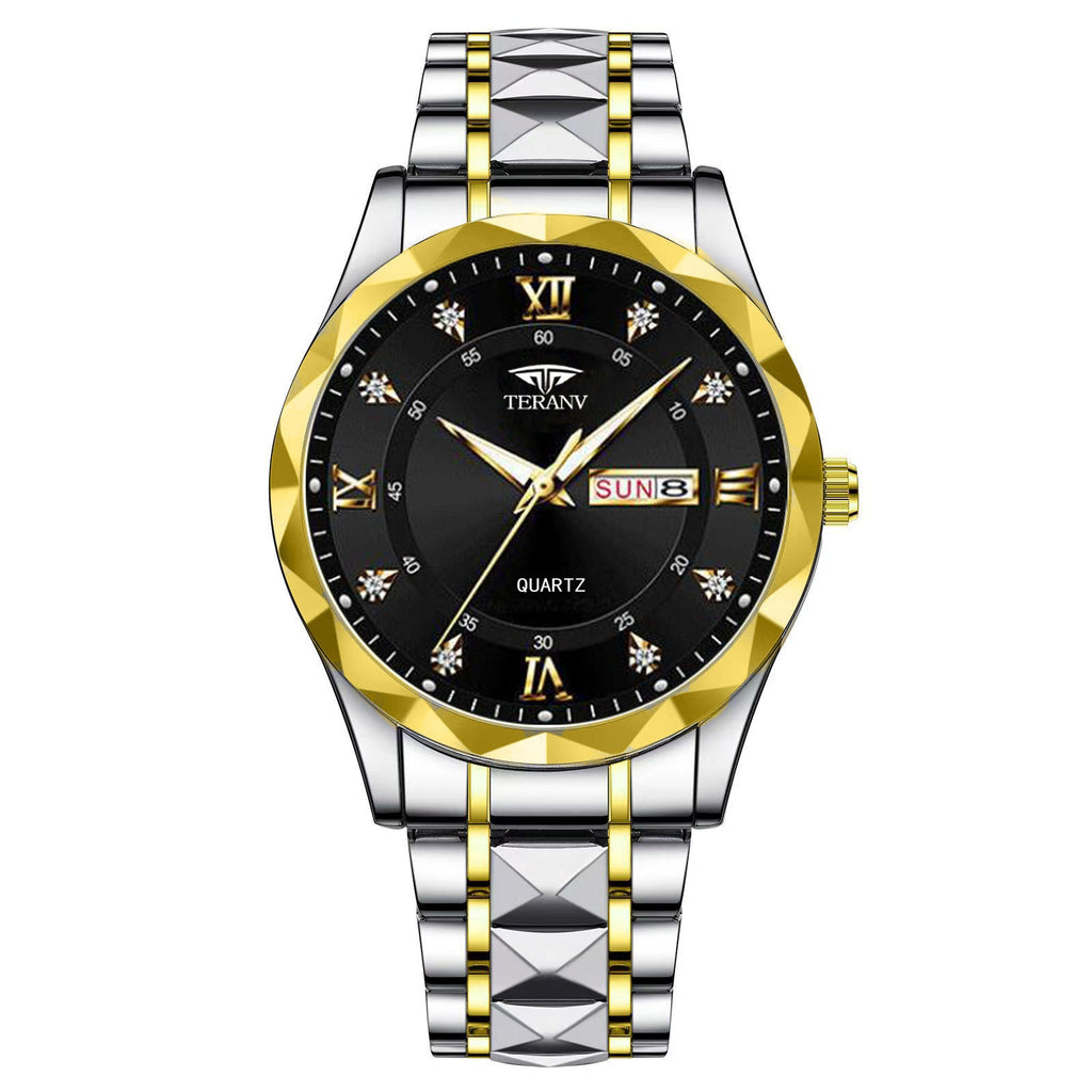 Men's Diamond Shell Calendar Watch - Stainless Steel Luxury Timepiece
