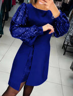 Women's Elegant Patchwork Sequin Puff Sleeve Short Dress