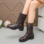 Women'S Quilted Mid-Calf Boots with Buckle Detail - Solid Color Platform Heel