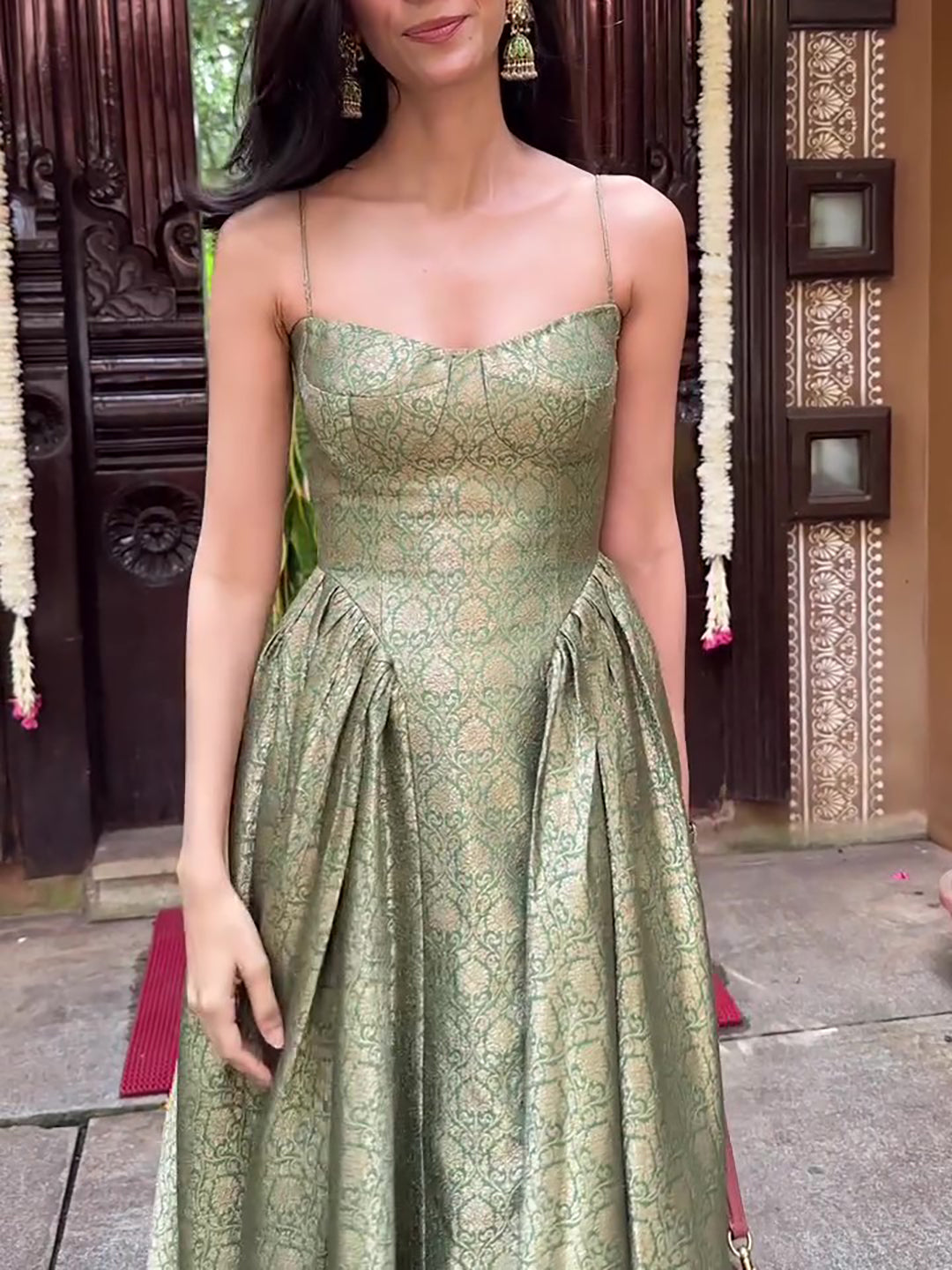 Elegant Green Ethnic Print Sleeveless Dress