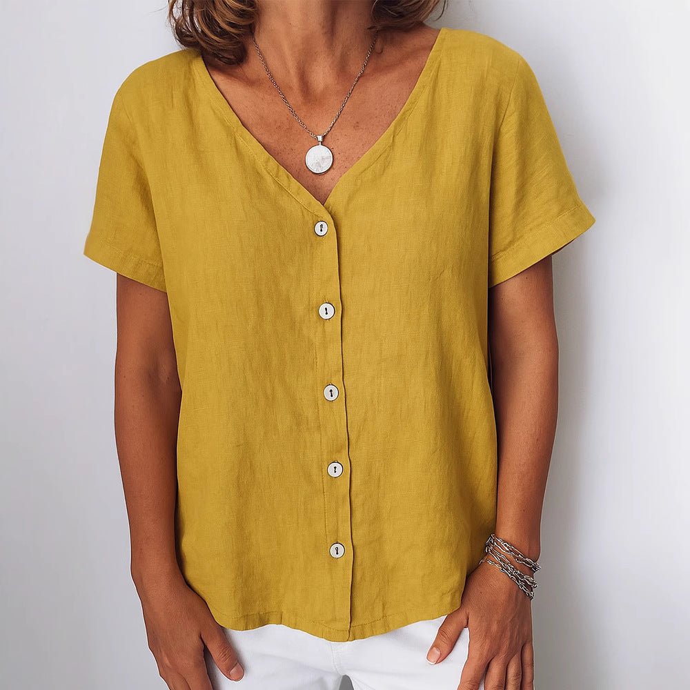 Casual Short-Sleeve V-Neck Cardigan Multi-Color Womens Shirt